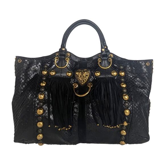 Gucci Babouska Hysteria Fall 2008 Tote Snakeskin Fringe Large Black Gold Y2K - Picture 15 of 16